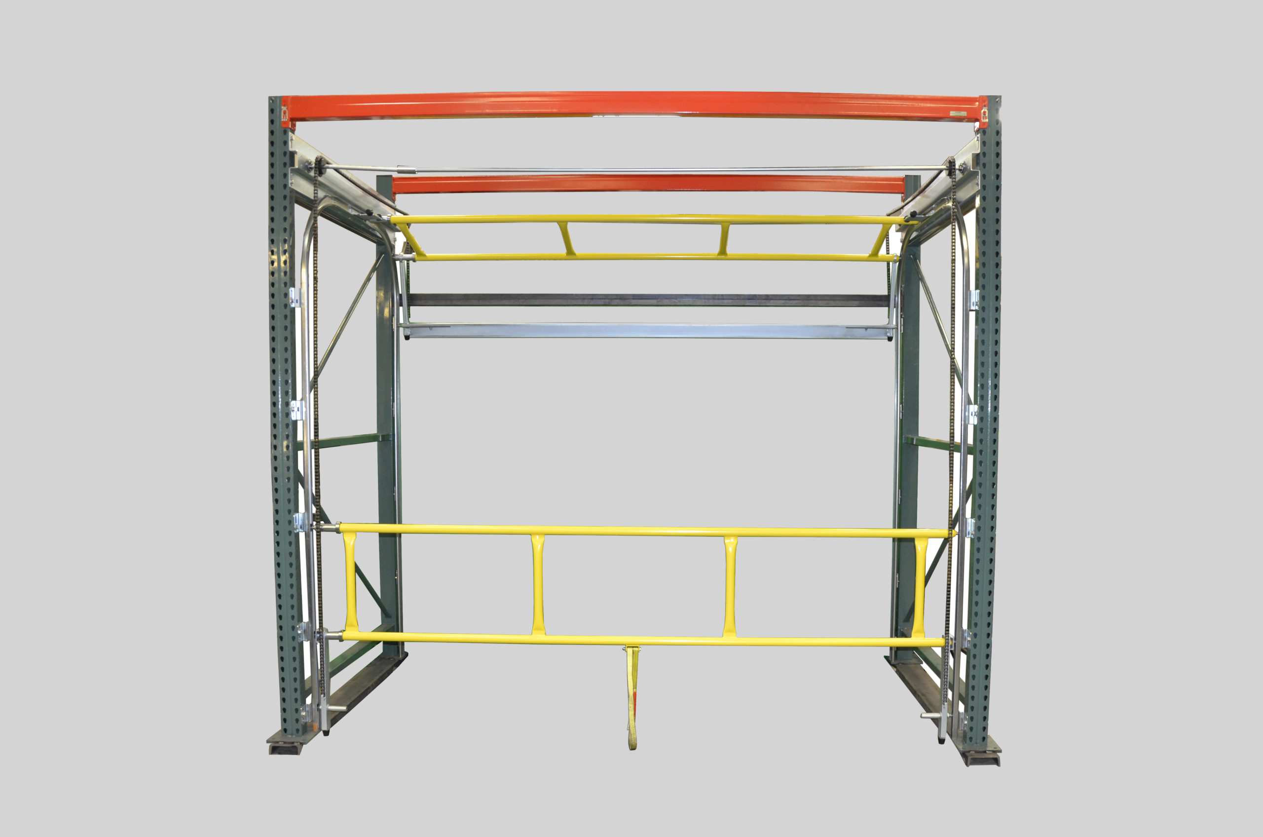 Rack mounted Mezzanine roll back pallet gate
